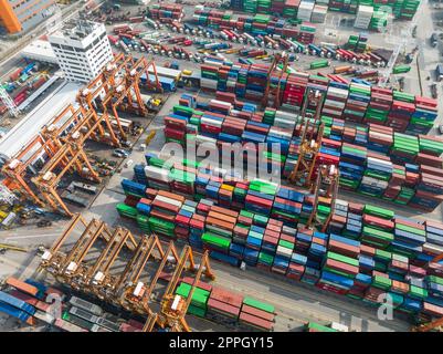 Kwai Chung, Hong Kong 27 January 2022: Top view of Hong Kong cargo terminal port Stock Photo