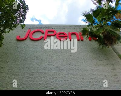 Closeup of JCPenney store sign on the building. JCPenney is an American department store chain. Stock Photo