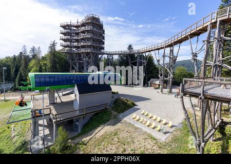 Observation tower located at the top of the SÅ‚otwiny Arena ski station, leading in the treetops, Krynica Zdroj, Beskid Mountains, Slotwiny, Poland Stock Photo