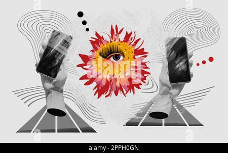 Good news. Fashion contemporary design in magazine and pop art style. Human hands with abstract phones in palms. Eyeball in flower. Stock Photo