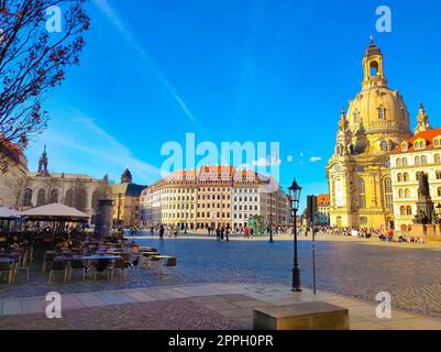 New Market square Neumarkt and Frauenkirche Church of Our Lady in Dresden, Germany Stock Photo