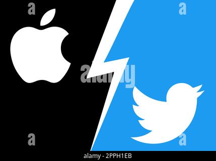 Kyiv, Ukraine - Nov 29, 2022 Apple vs Twitter concept banner about the rupture of relations between business companies. Remove the social network from the App Store through Elon Musk his criticism. Stock Photo