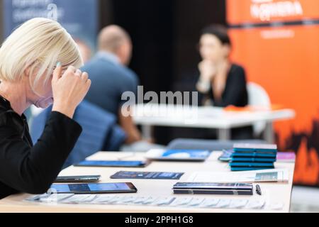 Job interview, employer or recruiter is interviewing and taking the applicant's work history, Specialized functional ability test, business conversation, manager resource employment and recruitment. Stock Photo