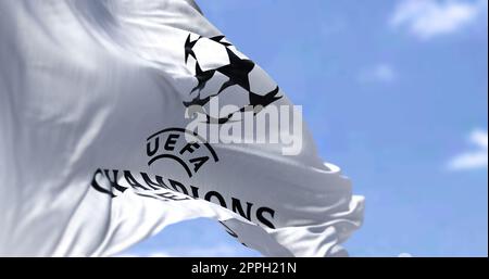 The UEFA Champions league flag waving on a clear day Stock Photo