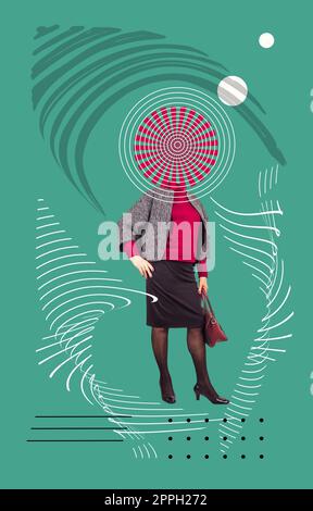 Funny buisness woman with abstract head standing on color abstract background. Stock Photo