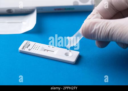 Negative test result by using rapid test device for COVID-19. Stock Photo