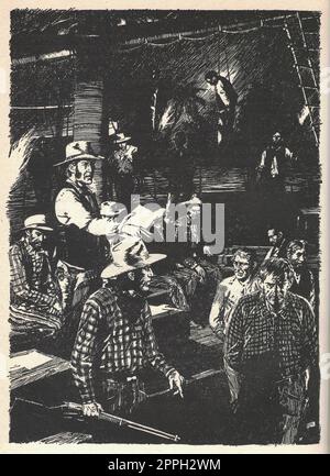 Trial in the Wild West. The sheriff and the man on trial. Old black and white illustration. Vintage drawing. Illustration by Zdenek Burian. Stock Photo