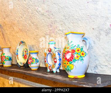 Tupesy majolica. Typical Tupesy ceramics on shelf Stock Photo