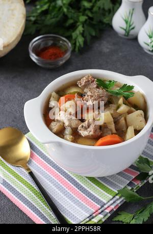 Pichelsteiner, German stew or thick soup with meat and vegetables in white bowl, Vertical format Stock Photo