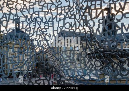 BORDEAUX, FRANCE- AUGUST 16, 2013: Detail of the modern sculpture 'House of Knowledge' made by the Spanish artist Jaume Plensa in 2008, a structure in stainless steel, temporarily exhibited in the Place de la Bourse in Bordeaux, France, between 27 June an Stock Photo
