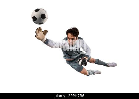 Soccer goalkeeper that makes a great save and avoids a goal Stock Photo