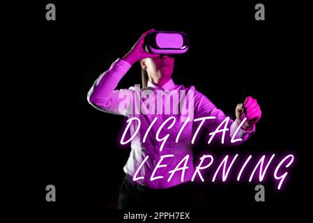 Conceptual display Digital Learningaccompanied by technology or by instructional practice. Word for accompanied by technology or by instructional practice Stock Photo