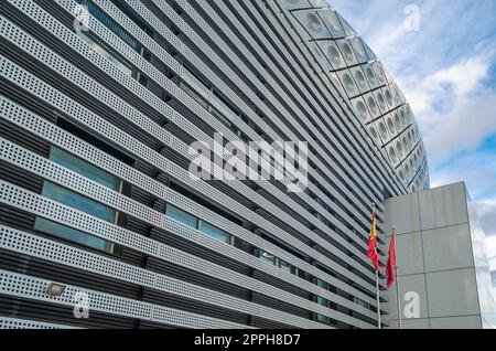 MOSTOLES, SPAIN - SEPTEMBER 22, 2021: 'Rey Juan Carlos' University Hospital, located in the Madrid town of Mostoles, Spain, a modern building designed by the Rafael de La-Hoz studio, inaugurated in 2012 Stock Photo