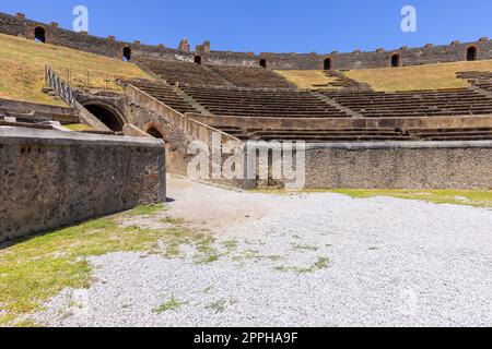 View on Amphitheatre of Pompeii  buried by the eruption of Vesuvius volcano in 79 AD, Pompeii, Naples, Italy Stock Photo