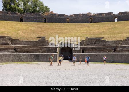 View on Amphitheatre of Pompeii  buried by the eruption of Vesuvius volcano in 79 AD, Pompeii, Naples, Italy Stock Photo