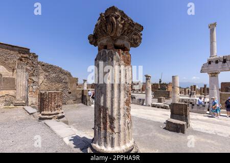 Ruins of an ancient city destroyed by the eruption of the volcano Vesuvius, forum with Basilica, Pompeii, Naples, Italy Stock Photo