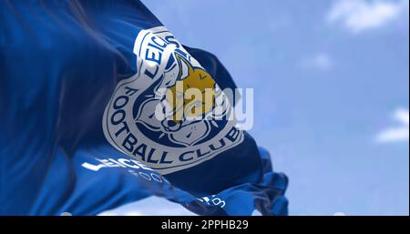 Close-up view of the Leicester City Football Club flag waving Stock Photo