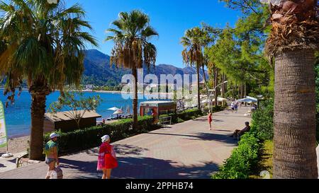 Icmeler, Turkey - September 22, 2022: Icmeler Beach view in Marmaris Town. Summer landscape on the Mediterranean coast in Turkey. Stock Photo