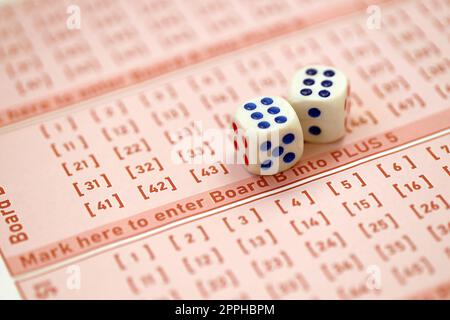 Dice cubes lies on pink gambling sheets with numbers for marking to play lottery. Lottery playing concept or gambling addiction. Close up Stock Photo