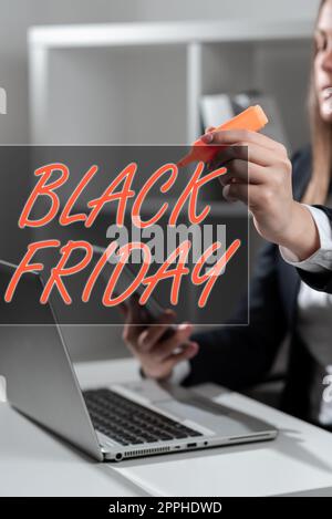 Conceptual caption Black Friday. Word for a day where seller mark their prices down exclusively for buyer Stock Photo