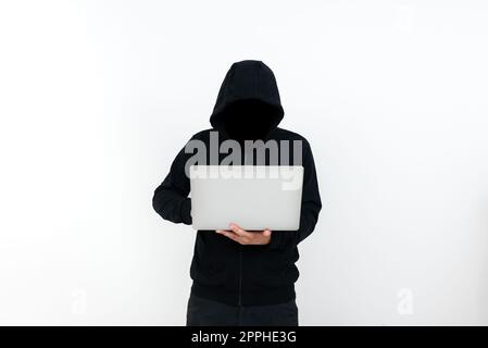 Man Standing With Laptop Presenting Cyber Security. Businessman Thinking Deeply For Information Technology Defence. Guy Brain Storming Brilliant Strategies. Stock Photo