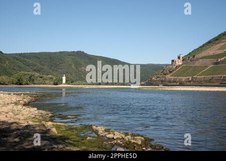 Drought in Germany, low water on Rhine river close to Bingen, Germany Stock Photo