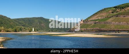 Drought in Germany, low water on Rhine river close to Bingen, Germany Stock Photo