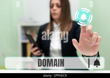Hand writing sign Domain. Business idea identification string that defines a realm of administrative autonomy Stock Photo