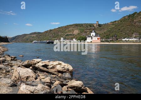 KAUB, GERMANY - AUGUST 13, 2022: Drought in Germany, low water on Rhine river on August 13, 2022 in Kaub, Germany Stock Photo