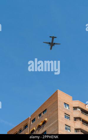 MADRID, SPAIN â€“ OCTOBER 6, 2021: Military aircraft flying in a rehearsal of the Spanish National Day air parade celebrated on October 12 in Madrid, Spain Stock Photo