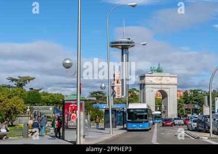 MADRID, SPAIN - OCTOBER 5, 2021: View of the Moncloa transport interchange area in Madrid, Spain, a multimodal station that serves Madrid Metro as well as city buses and intercity and long-distance coaches Stock Photo
