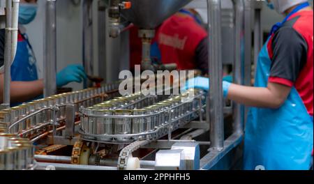 Canned fish factory. Food industry.  Sardines in red tomato sauce in tinned cans on conveyor belt at food factory. Blur workers working in food processing production line. Food manufacturing industry. Stock Photo