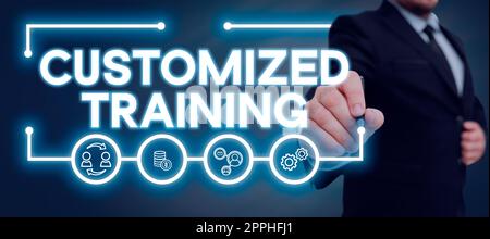 Handwriting text Customized Training. Business concept Online Marketing Deliver Promotional Messages Campaign Man With A Pen Pointing On Digital Symbols Showing Creative Ideas. Stock Photo