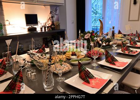 table festively decorated for christmas Stock Photo