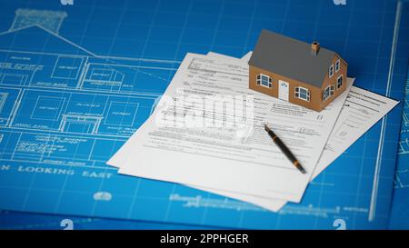Real estate business, house building concept. Suburban house model with blueprints and legal papers. Digital 3d rendering. Stock Photo