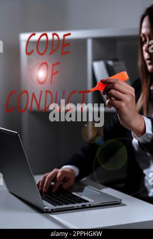 Handwriting text Code Of Conduct. Word Written on Ethics rules moral codes ethical principles values respect Stock Photo