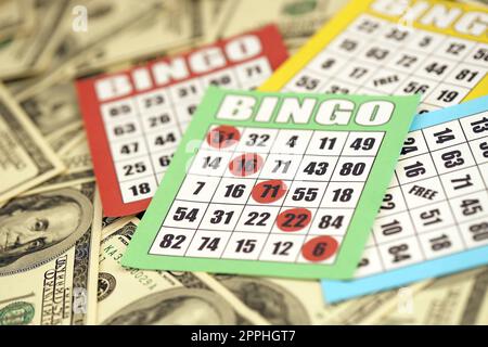 Many bingo boards or playing cards for winning chips and big amount of dollar bills. Classic american or canadian five to five bingo cards on money Stock Photo