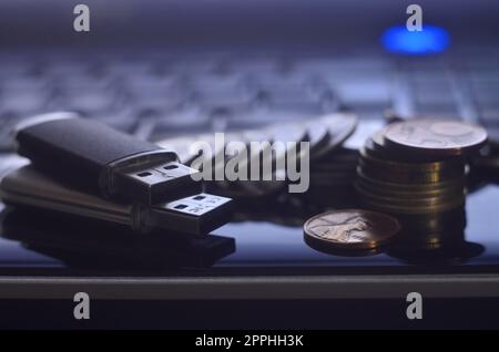 Memory cards and money on the laptop keyboard Stock Photo