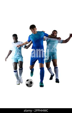 Soccer players play with soccerball in a match Stock Photo