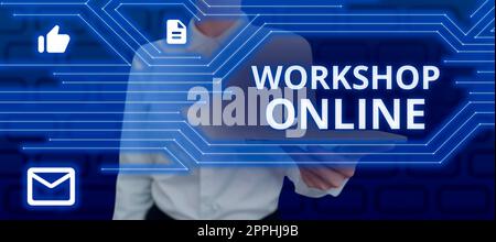 Text showing inspiration Workshop Online. Business idea room or building in which goods are manufactured repaired Stock Photo