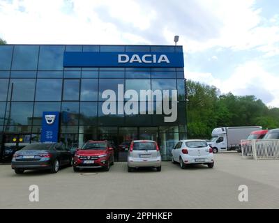 Dacia logo text and brand sign of vehicle station dealership service store of Romanian car, part of Renault group Stock Photo