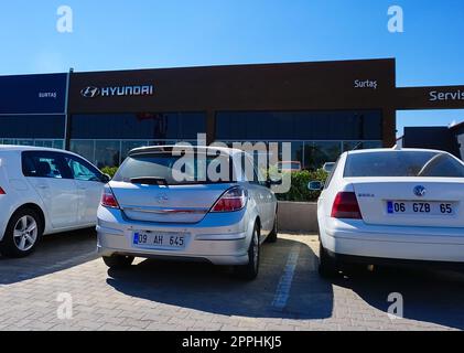 Antalya, Turkey - September 17, 2022: Hyundai logo on the showroom building on a sunny day. Hyundai Kia is a South Korean manufacturer of automobiles and commercial vehicles Stock Photo