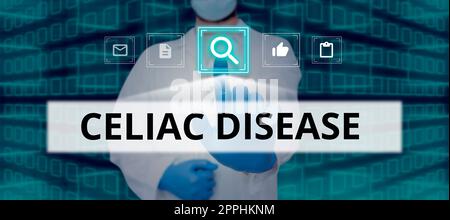 Text sign showing Celiac Disease. Word for Small intestine is hypersensitive to gluten Digestion problem Stock Photo