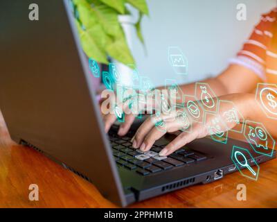 Human hand working on computer. business concept and communication technology Stock Photo
