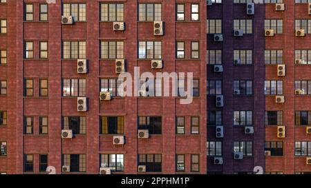 old architecture background red brick building apartment air conditioning windows facade 3D illustration Stock Photo