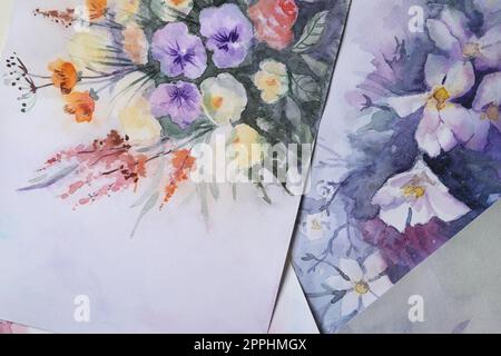Paper sheets with beautiful floral watercolor paintings, closeup Stock Photo