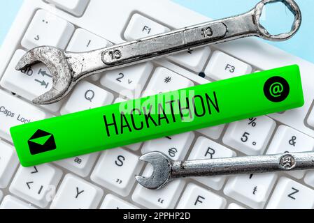 Text caption presenting Hackathon. Word Written on event where large number of people engage in programming Stock Photo
