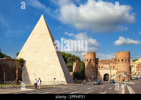 The Pyramid of Caius Cestius and Porta San Paolo in Rome. Stock Photo