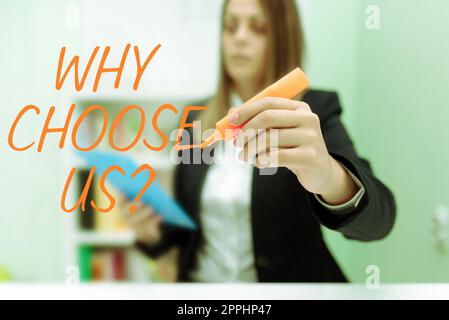Text showing inspiration Why Choose Us. Conceptual photo Reasons for choosing our brand over others arguments Stock Photo