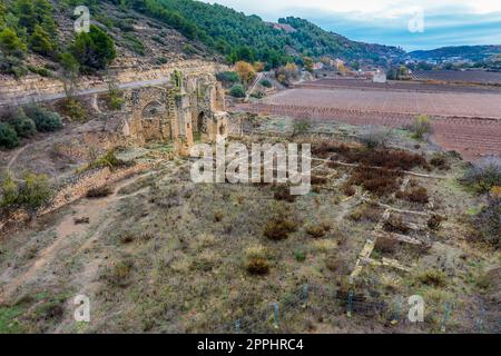 Monastery of Santa Maria de Vallsanta is a former Cistercian female monastery located near the town of Guimera, in the Catalan region of Urgell. Spain Stock Photo